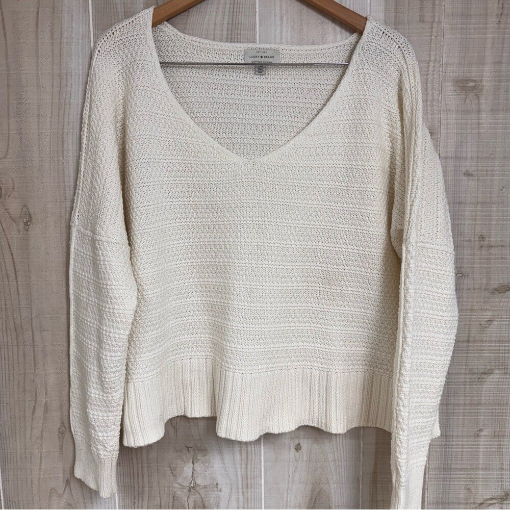 Lucky‎ Brand Beige Textured Sweater Size L Long Sleeve Pullover Cotton Blend
